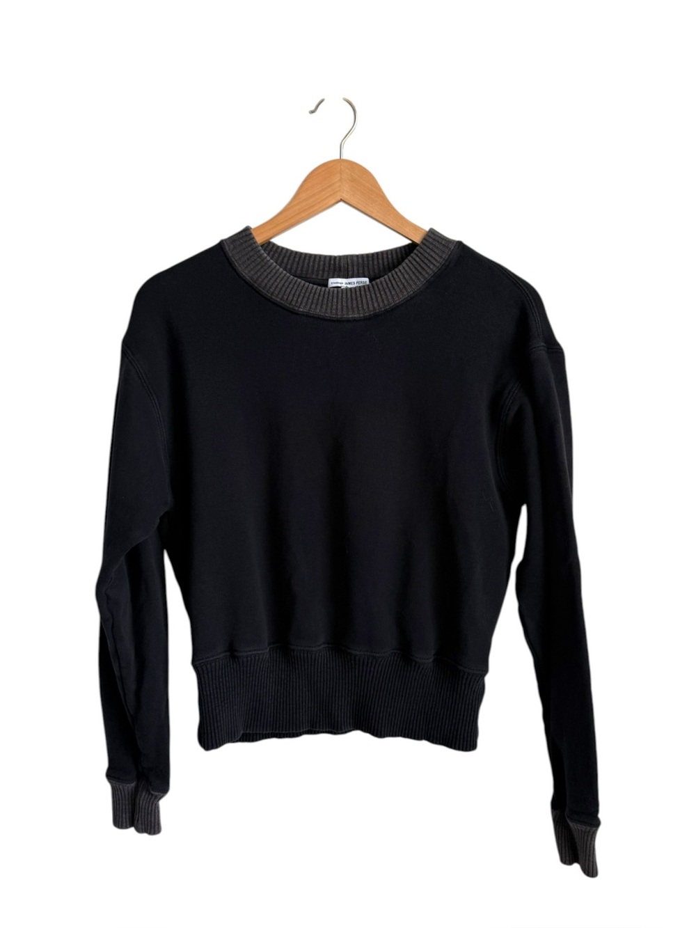 James Perse Cropped Contrast Rib Crewneck Sweatshirt Black Grey Medium